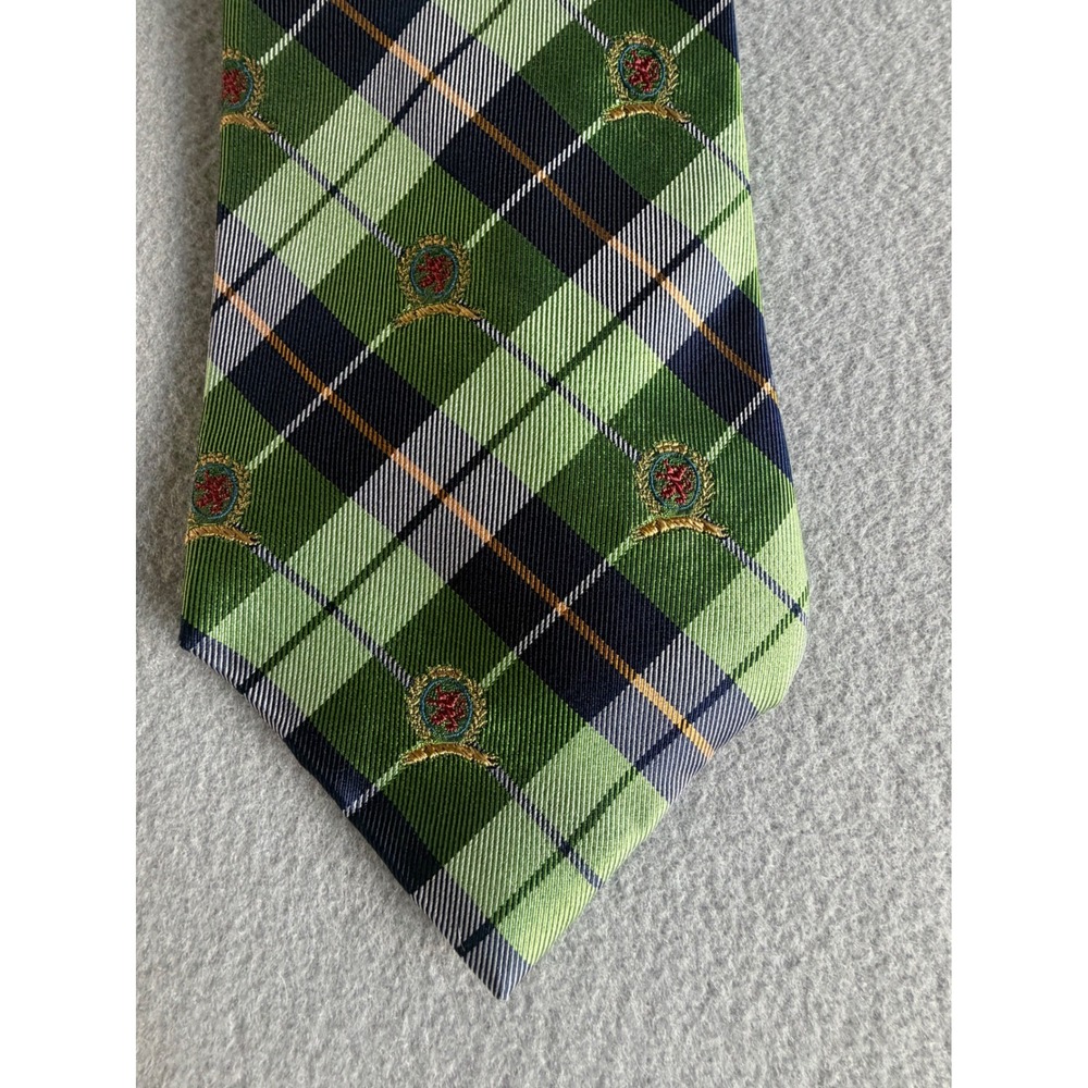 Tommy Hilfiger Mens Silk Tie Green Navy Blue Plaid Crest Logo Made in USA